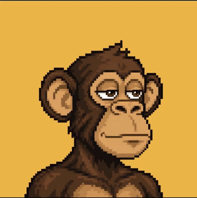 A pixel art illustration of a brown monkey with a neutral, slightly unimpressed facial expression against a yellow background.