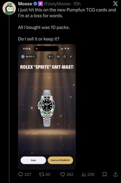 A screenshot of a tweet by user @JoeyMoose that says 'I just hit this on the new Pumpkin TGG cards and I'm at a loss for words,' showing a Rolex Oyster Perpetual GMT-Master watch with an orange and black bezel.