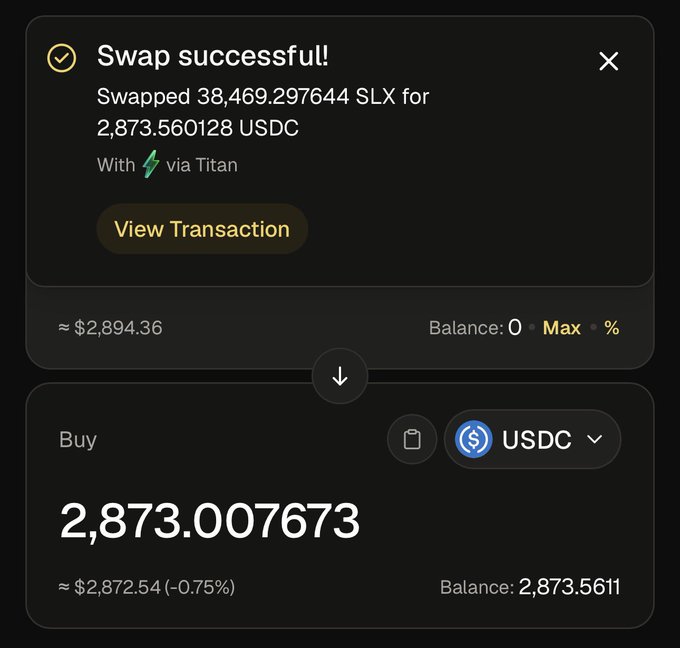 A cryptocurrency swap confirmation screen showing 'Swap successful!' - swapped 38,469.297644 SLX for 2,873.560128 USDC via Titan, with a Buy interface for 2,873.007673 USDC.