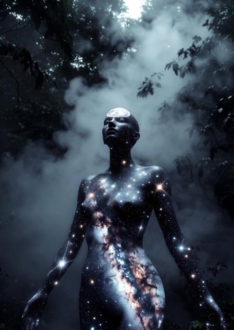 A celestial-themed figure with stars and galaxies across its body and a moon in its head is depicted, representing the cosmic protection and earning potential offered by Quip Network. The image evokes a sense of expansive security and the potential for growth, aligning with the post's message of quantum security and earning QUIP.