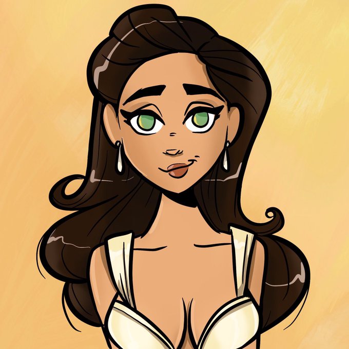A digital illustration of a woman with long brown hair, green eyes, and a low-cut white top against a yellow background.