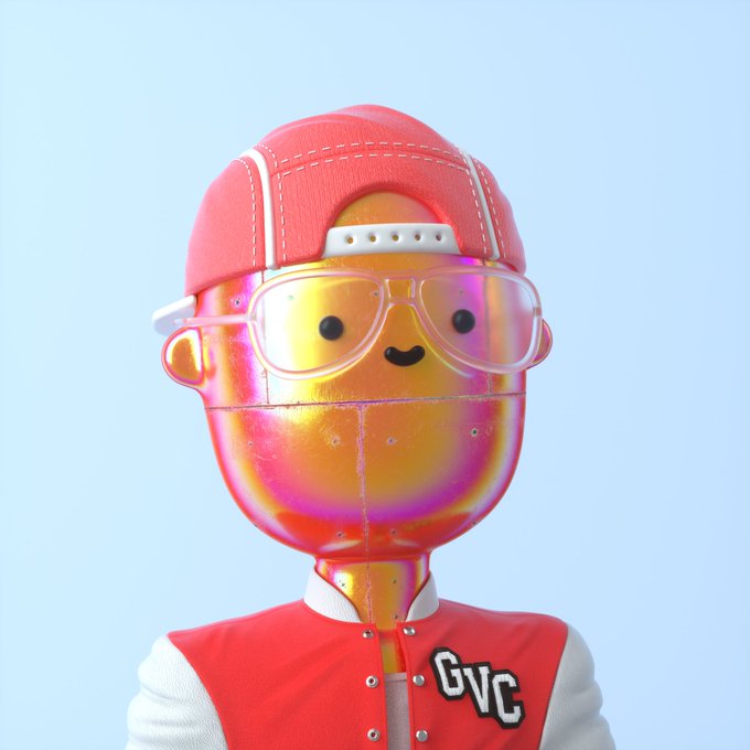 A 3D rendered figure with a metallic, iridescent orange head wearing a red baseball cap, reflective sunglasses, and a red and white varsity jacket with 'GVC' lettering, against a light blue background.