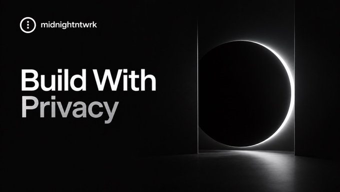 A dark promotional graphic for midnightntwrk featuring the text 'Build With Privacy' next to a glowing eclipse-like circle.