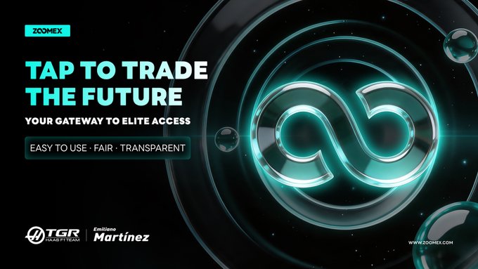 An advertisement for ZoomEx displaying 'TAP TO TRADE THE FUTURE' with a glowing infinity-like logo and 'TradeFi Team' and 'Emiliano Martinez' branding.