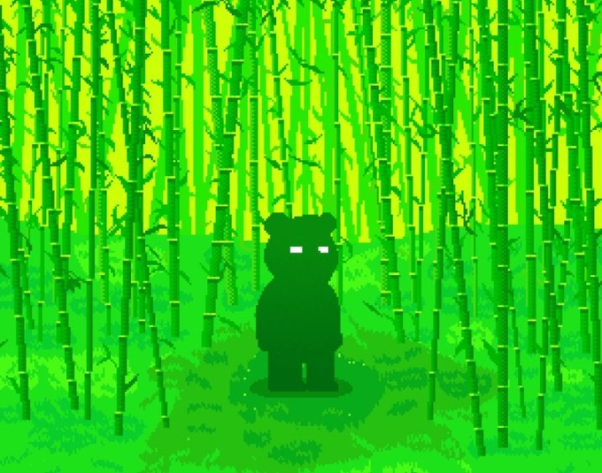 A pixel-art black panda with glowing white eyes stands alone in a lush green bamboo forest, evoking the "Lazy Pandas" theme. The pixelated style ties into the NFT project described, where each 1/1 pixel represents a unique AI agent on Ethereum.