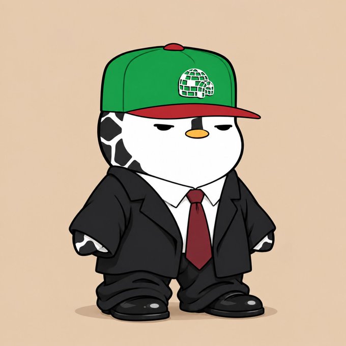 A cartoon illustration shows a character with a panda-like head wearing a green baseball cap with a globe design, dressed in a black suit with a red tie, standing against a plain beige background.