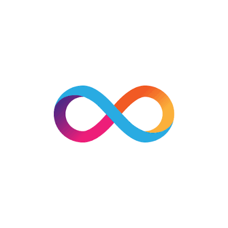 A colorful infinity symbol logo featuring a gradient of blue, pink, purple, and orange on a white background.