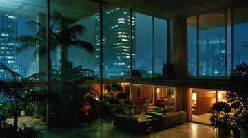 A luxurious penthouse interior with floor-to-ceiling windows overlooks a rainy nighttime cityscape, while warm interior lighting illuminates a lush indoor garden of palms and greenery and a cozy lounge area below. The cinematic, moody atmosphere aligns with the showcase's theme of curating winning entries into a unified, atmospheric view.