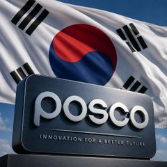 A promotional image featuring the POSCO logo with the tagline 'INNOVATION FOR A BETTER FUTURE' displayed in front of the South Korean flag.