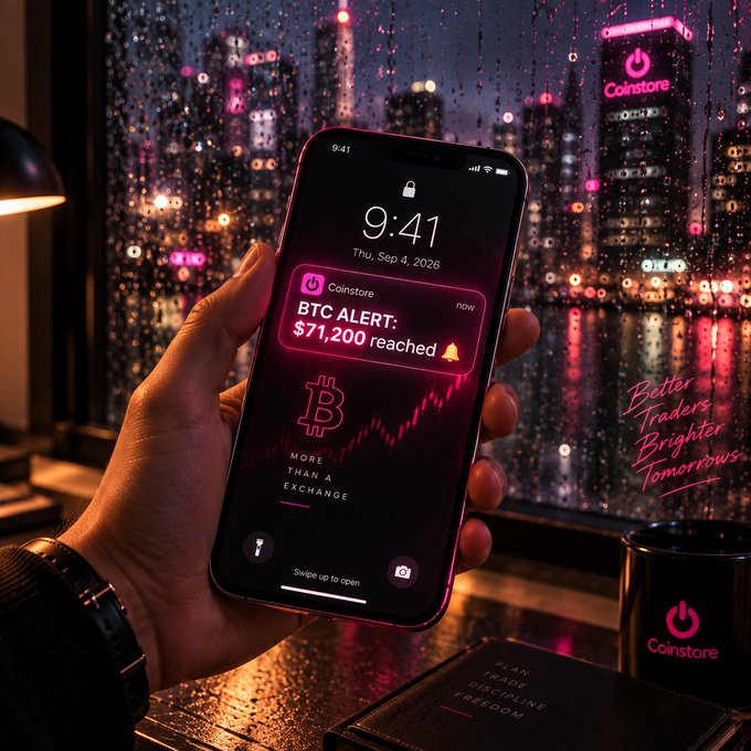 A hand holds a smartphone displaying a 'Coinstore' app notification reading 'BTC ALERT: $71,200 reached' with 'Better Traders, Brighter Tomorrows' visible on the window behind it.