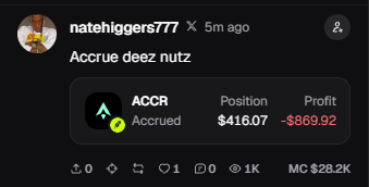 A YouTube comment screenshot from user natehiggers777 reading 'Accrue deez nutz,' showing a loss of -$869.92 on a position labeled 'ACCR'.