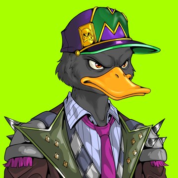 A digital illustration of an anthropomorphic duck character with dark feathers, wearing a green and purple baseball cap, a pink tie, and a spiked shoulder jacket.