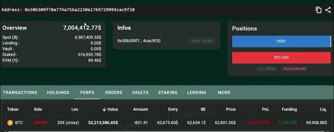 The image shows a screenshot of an online trading platform where a whale has invested $52,210,000 into a cryptocurrency with the potential for a large gain or loss. The whale's position could wipe out up to $69,908 if the cryptocurrency experiences a sudden drop in value.