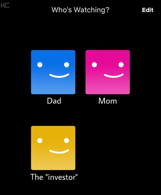 A 'Who's Watching?' streaming profile selection screen showing three smiley face avatars labeled 'Dad' (blue), 'Mom' (pink), and 'The "investor"' (yellow).