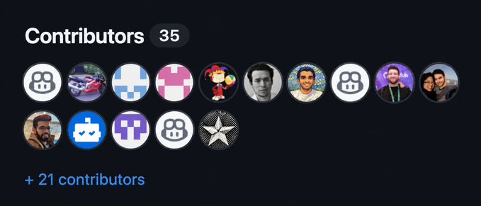 A GitHub-style contributors page showing 35 contributors with various avatar icons, indicating '+ 21 contributors' below the visible ones.