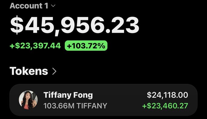 A crypto portfolio screenshot shows 'Account 1' with a balance of $45,956.23 (+$23,397.44 / +103.72%), featuring 103.66M $TIFFANY tokens worth $24,118.00, up +$23,460.27.