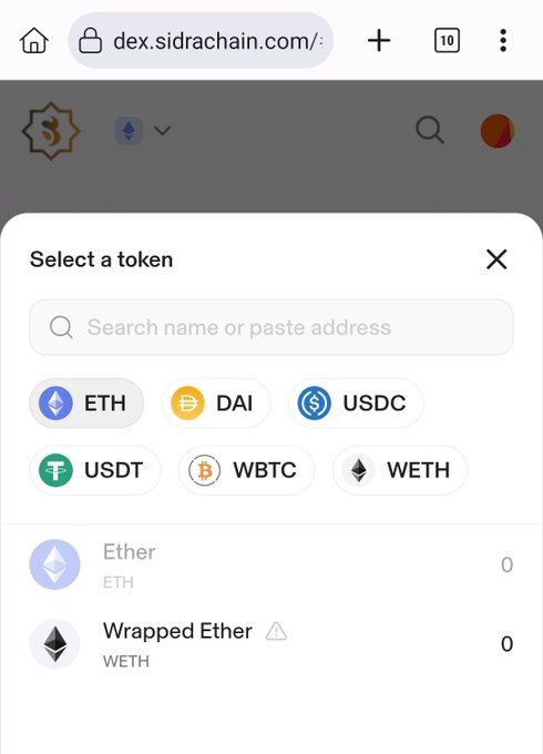 A screenshot of the dex.sidrachain.com token selection interface, showing available tokens including ETH, DAI, USDC, USDT, WBTC, and WETH for swapping.