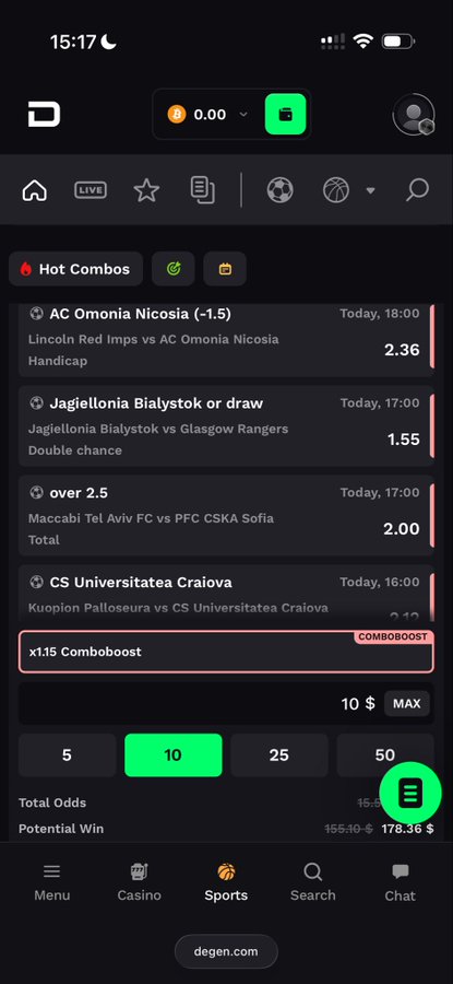 A screenshot of the Degen.com sports betting app showing a "Hot Combos" section with multiple match selections including Lincoln Red Imps vs AC Omonia Nicosia, Jagiellonia Bialystok vs Glasgow Rangers, Maccabi Tel Aviv FC vs PFC CSKA Sofia, and Kuopion Palloseura vs CS Universitatea Craiova, with an x1.15 Comboboost applied for a potential win of $178.36 on a $10 stake—matching the user's instructions to tip commenters by navigating to Sports and scrolling to Hot Combos.