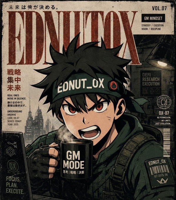 An anime-style magazine cover titled "EDNUT_OX" features a spiky-haired male character wearing a green headband and tactical gear, holding a "GM MODE" mug, with various text elements including "VOL.07", "GM MINDSET", and "FOCUS. PLAN. EXECUTE."