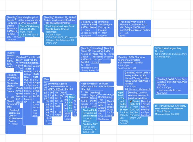 A grid of calendar event cards listing various tech events, mostly tagged with 'Pending' and the hashtag '#SFTechWeek', taking place from October 28 to November 10.