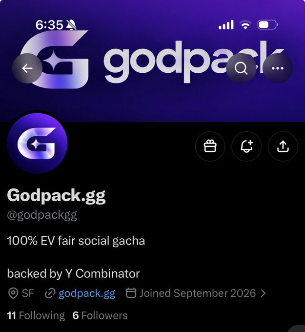 A Twitter/X profile page for 'Godpack.gg' (@godpackgg) describing it as '100% EV fair social gacha' backed by Y Combinator, located in SF, joined September 2026.