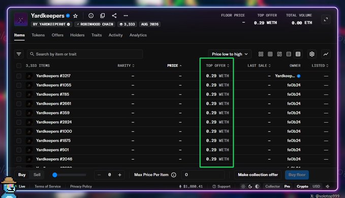A screenshot of an NFT marketplace listing for the "Yardkeepers" collection, showing 3,333 items with a top offer of 0.29 METH each and a floor price of 0.29 METH, where "YARDKEEPERS" by Yardkeepers and "ROBINHOOD CHAIN" are prominently displayed as the token name and network.