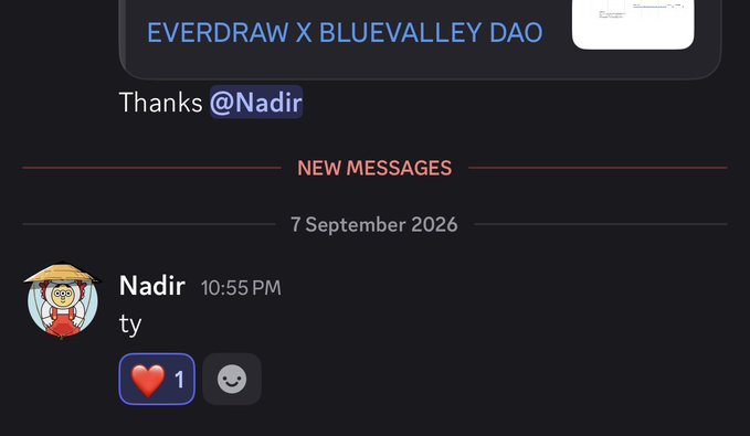 Discord message notification from 'Nadir' saying 'ty' under the 'EVERDRAW X BLUEVALLEY DAO' channel, dated 7 September 2026.
