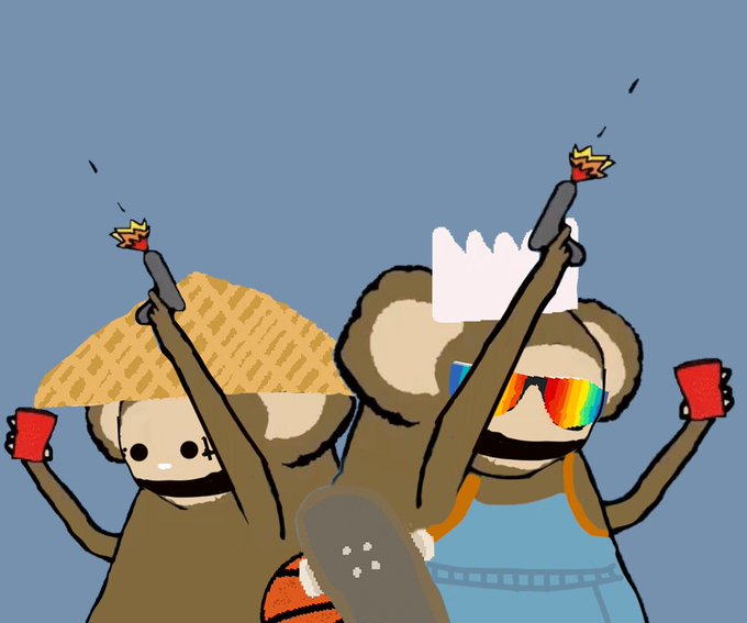 A cartoon illustration of two bears celebrating—one in a straw hat, the other in rainbow sunglasses and a tank top—holding up torches and red cups.