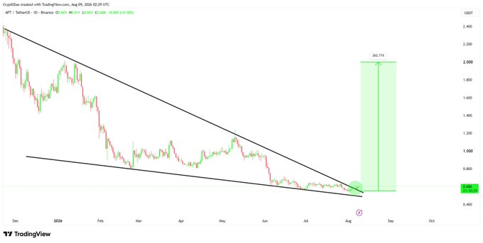 A TradingView daily chart of APT/USDT (Binance) shows price breaking out of a macro falling wedge with a projected +262.71% target reaching approximately $2.00, supporting the accompanying bullish technical analysis.