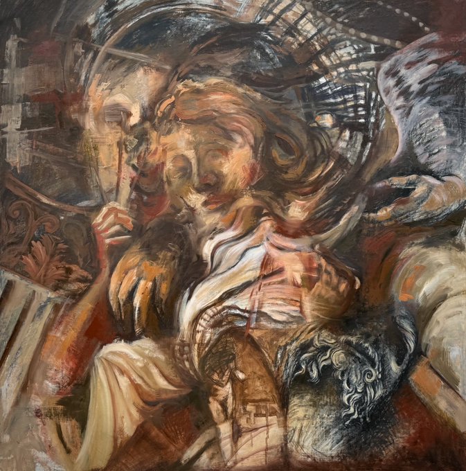 A classical-style oil painting depicts a serene woman with flowing hair, surrounded by ethereal, swirling brushstrokes in warm earthy tones.