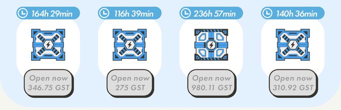 Four virtual reward boxes are displayed, each with countdown timers ranging from 116h 39min to 236h 57min and prices ranging from 275 GST to 980.11 GST.