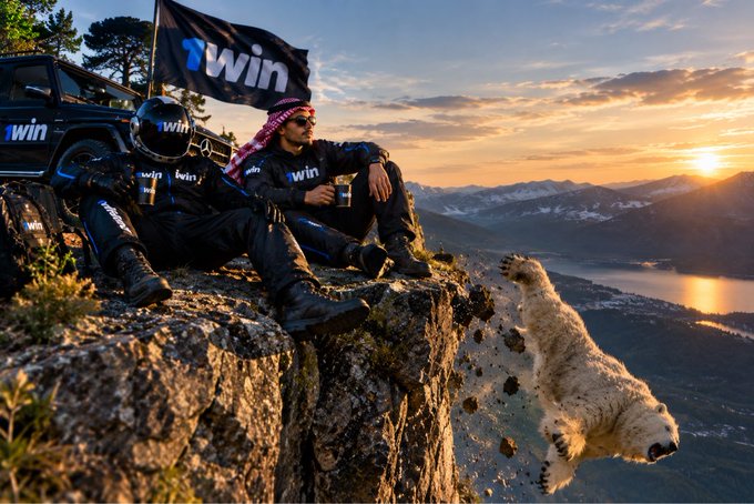 Two figures in racing suits sit on a cliff edge next to a Mercedes G-Wagon and a '1win' flag, with a polar bear falling off the cliff in a surreal composite image at sunset.