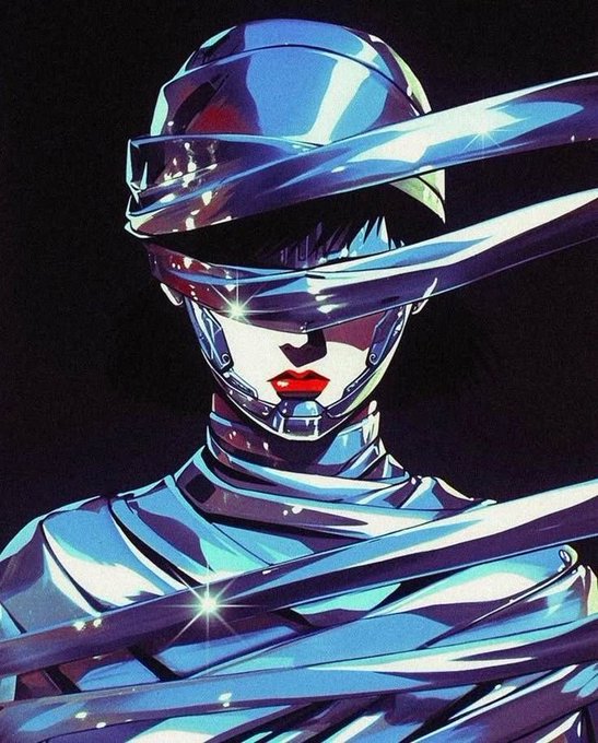 A stylized anime-style illustration of a woman with dark hair wearing a sleek, futuristic metallic helmet and armor, with reflective silver ribbons crossing over her face and chest.