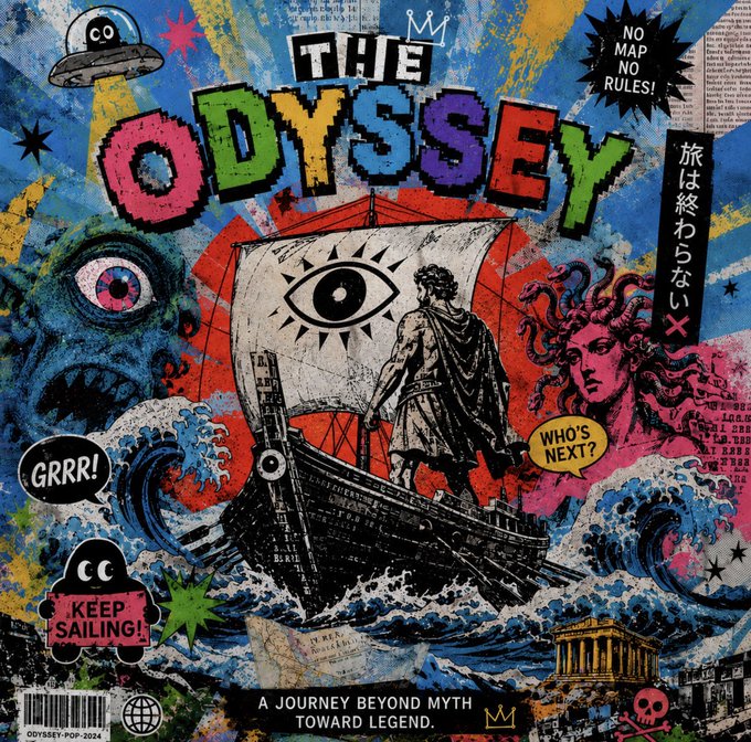 The image is a vibrant, mixed-media collage poster titled "THE ODYSSEY" featuring a central figure on a ship with a large eye, surrounded by classical Greek imagery like Medusa, a Greek temple, and crashing waves, with tags including "NO MAP NO RULES!", "KEEP SAILING!", "WHO'S NEXT?", and Japanese text "旅は終わらない" (The journey never ends). The post ties directly to the artwork, presenting it as a collectible NFT on objkt.com for the Tezos blockchain, with the tagline "A JOURNEY BEYOND MYTH TOWARD LEGEND" reinforcing the epic, mythic theme of the piece.