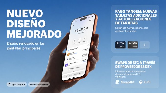 The image promotes the new Tangem App v6.0 with a redesigned interface, featuring a hand holding a smartphone displaying a balance of $55,280.48. The graphic highlights two key updates: new features for managing Tangem Pay cards and the addition of BTC swaps via DEX providers like SwapKit and LI.FI.