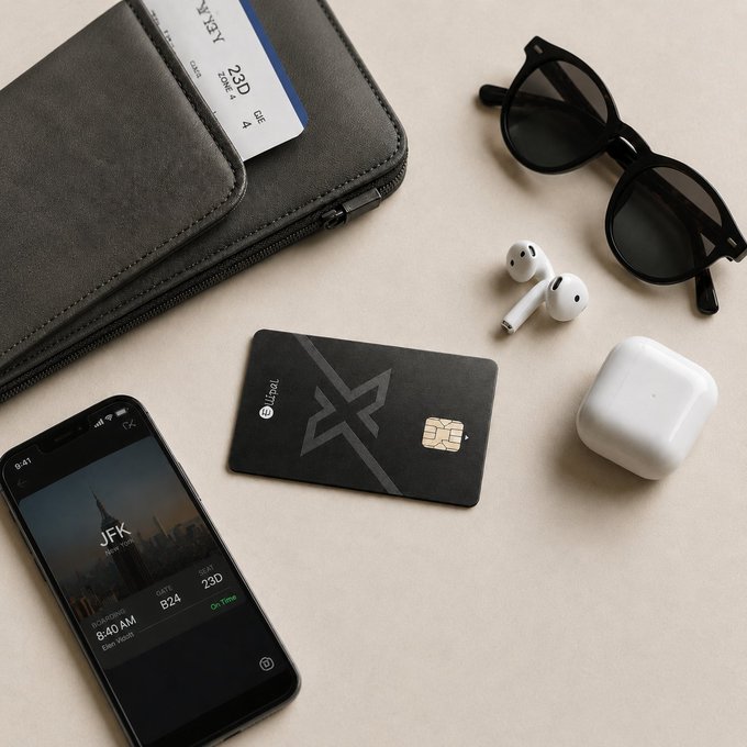A black ELLIPAL X Card sits among travel essentials on a beige surface, displayed alongside a phone showing a JFK flight boarding pass, AirPods, sunglasses, a travel wallet with a ticket, and an AirPods case. The card, marked with "Tezro" and featuring an EMV chip, is highlighted as the featured product—a compact, battery-free NFC cold wallet designed for tap-to-sign transactions.