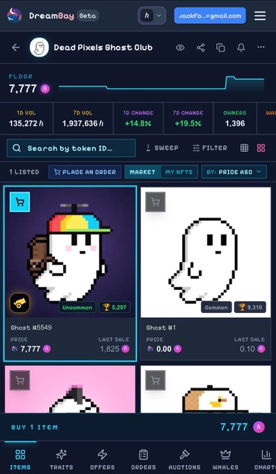 A screenshot of the 'DreamBay Beta' NFT marketplace showing the 'Dead Pixels Ghost Club' collection, with floor price at 7,777 and items for sale including 'Ghost #5549' priced at 7,777.