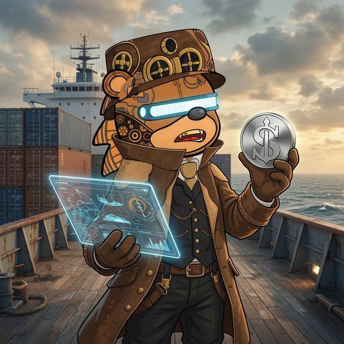 An anthropomorphic ship captain figure in a steampunk hat holds up a silver coin featuring the "$S" symbol while consulting a glowing holographic trading interface, with a real cargo vessel visible in the background. The image visually reinforces the post's message by blending traditional maritime shipping elements with cryptocurrency aesthetics, symbolizing the EthraShip protocol's fusion of real-world shipping operations with blockchain-based utility and governance via the $SHIP token.