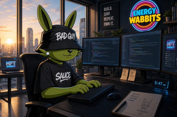 AI-generated illustration of an anthropomorphic rabbit wearing a 'BAD GUY' cap and 'SAUCE' shirt coding at a desk with 'ENERGY WABBITS' neon sign and 'BUILD. SHIP. REPEAT. OWN IT.' poster.