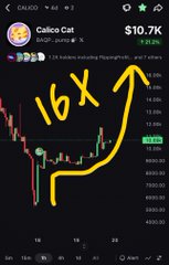 A candlestick chart for the token 'Caico Cat' (CAIGO) on a mobile trading app, with a hand-drawn yellow arrow and text indicating a '16x' gain as the price rises to $10.7K.