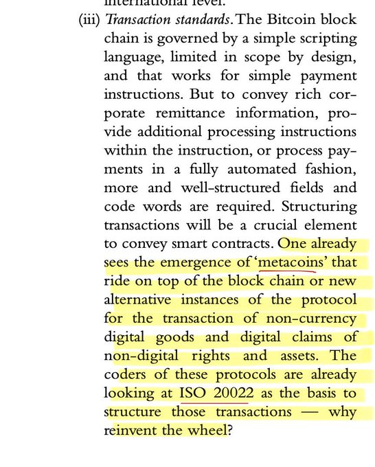 A page of text titled "Transaction standards" discussing Bitcoin blockchain limitations and the emergence of "metacoins," with the key passage about metacoins riding on top of the block chain for non-currency digital goods and ISO 20022 highlighted in yellow.