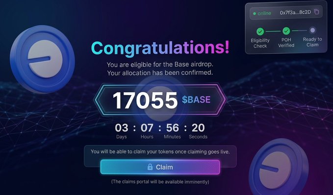The image features a computer screen displaying an explanation of how to get paid with ERC-20 tokens from "Base" and a summary that reads "You are entitled for the Base airdrop. Your allocation has been confirmed". The main content is composed of numbers and text, providing a detailed understanding of how to access rewards on "Base".