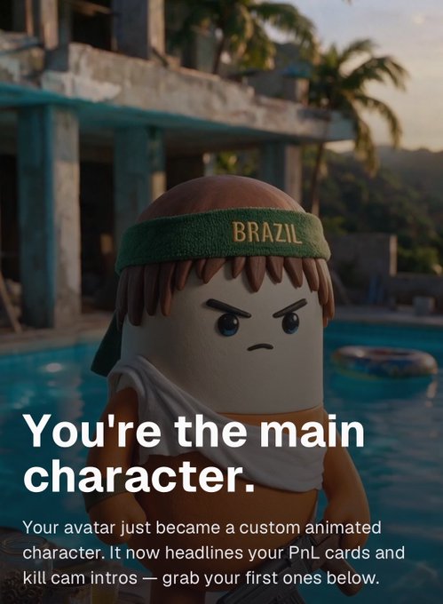 An animated cartoon character wearing a green 'BRAZIL' headband stands by a pool with text reading 'You're the main character. Your avatar just became a custom animated character. It now headlines your PnL cards and kill cam intros — grab your first ones below.'