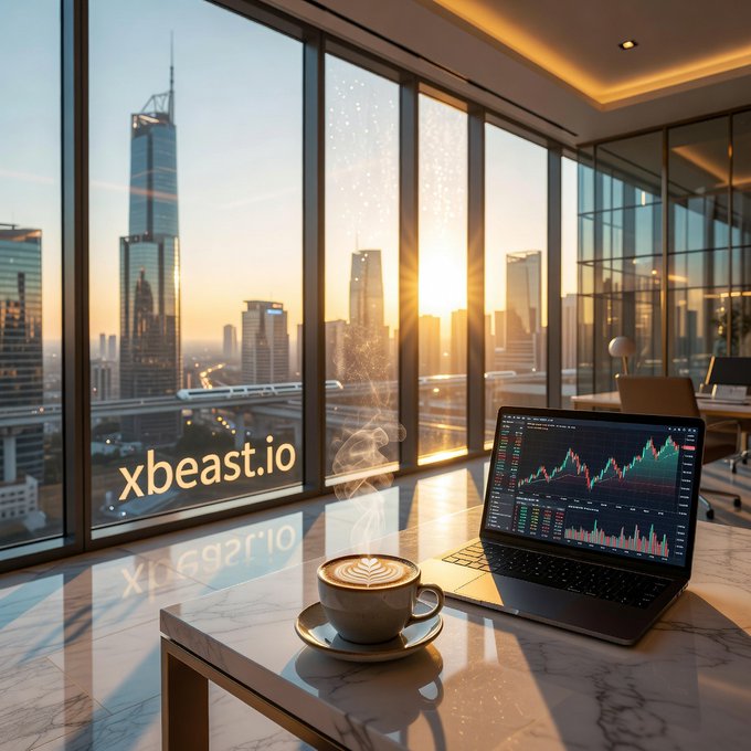 A sleek modern workspace with a laptop displaying crypto trading charts, a latte, and a panoramic city skyline view at sunrise, with "xbeast.io" branded on the window—evoking the hustle and ambition of turning Thursday into the first step toward a million-dollar crypto journey.