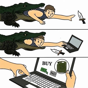 A comic shows a man relaxing on a crocodile while ignoring a knife and a ringing phone, then casually typing on a laptop to click "YES" on a "BUY $FUEL" prompt, mirroring the post's message of calmly buying more $FUEL amid market chaos.