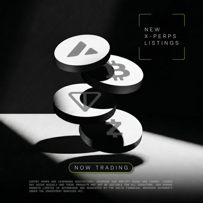 The image features a stack of four coins, each with a different symbol on them - an upward-pointing triangle (A), a downward-pointing triangle (Z), a downward-pointing circle (X), and a downward-pointing square (P). The coins are stacked in a way that they appear to be floating or levitating. The image is accompanied by text, including the phrase "New X-Perps listings" and "Now trading", which suggests that this could be an advertisement for a cryptocurrency exchange or marketplace related to X-Perps.
