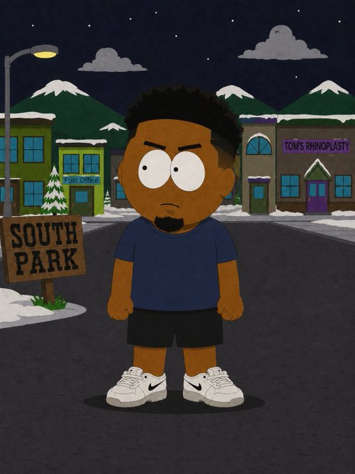 A South Park-style cartoon character standing in front of a snowy South Park town scene, with signs reading "SOUTH PARK" and "TOM'S RHINOPLASTY".