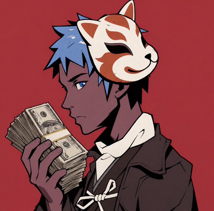 An anime-style illustration features a blue-haired character wearing a fox mask on the side of their head, holding a thick stack of US dollar bills against a red background.