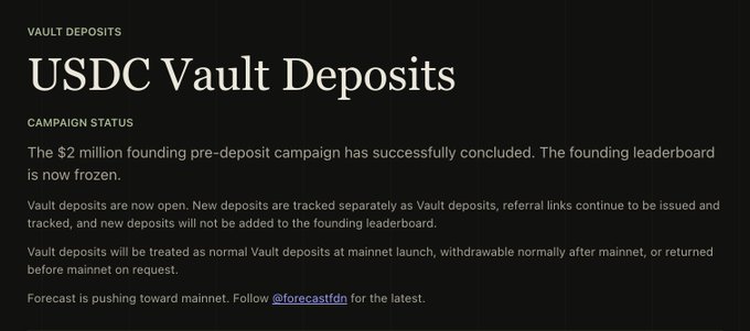 A dark-themed announcement page titled 'USDC Vault Deposits' stating that the $2 million founding pre-deposit campaign has successfully concluded, with vault deposits now open and tracking handled separately from the founding leaderboard.