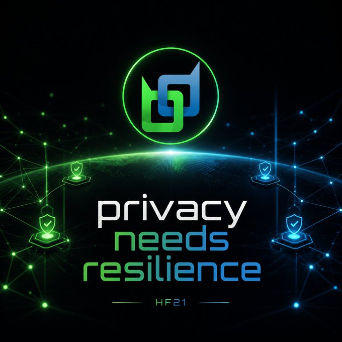A dark digital artwork featuring a glowing green and blue logo above Earth, with the tagline 'privacy needs resilience' and 'HF21' at the bottom, surrounded by shield icons on a network pattern.